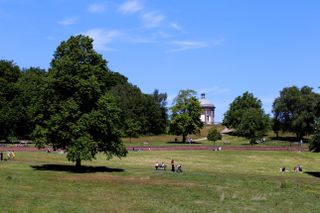 Small groups of people sat on the green grass of Heaton Park in Manchester