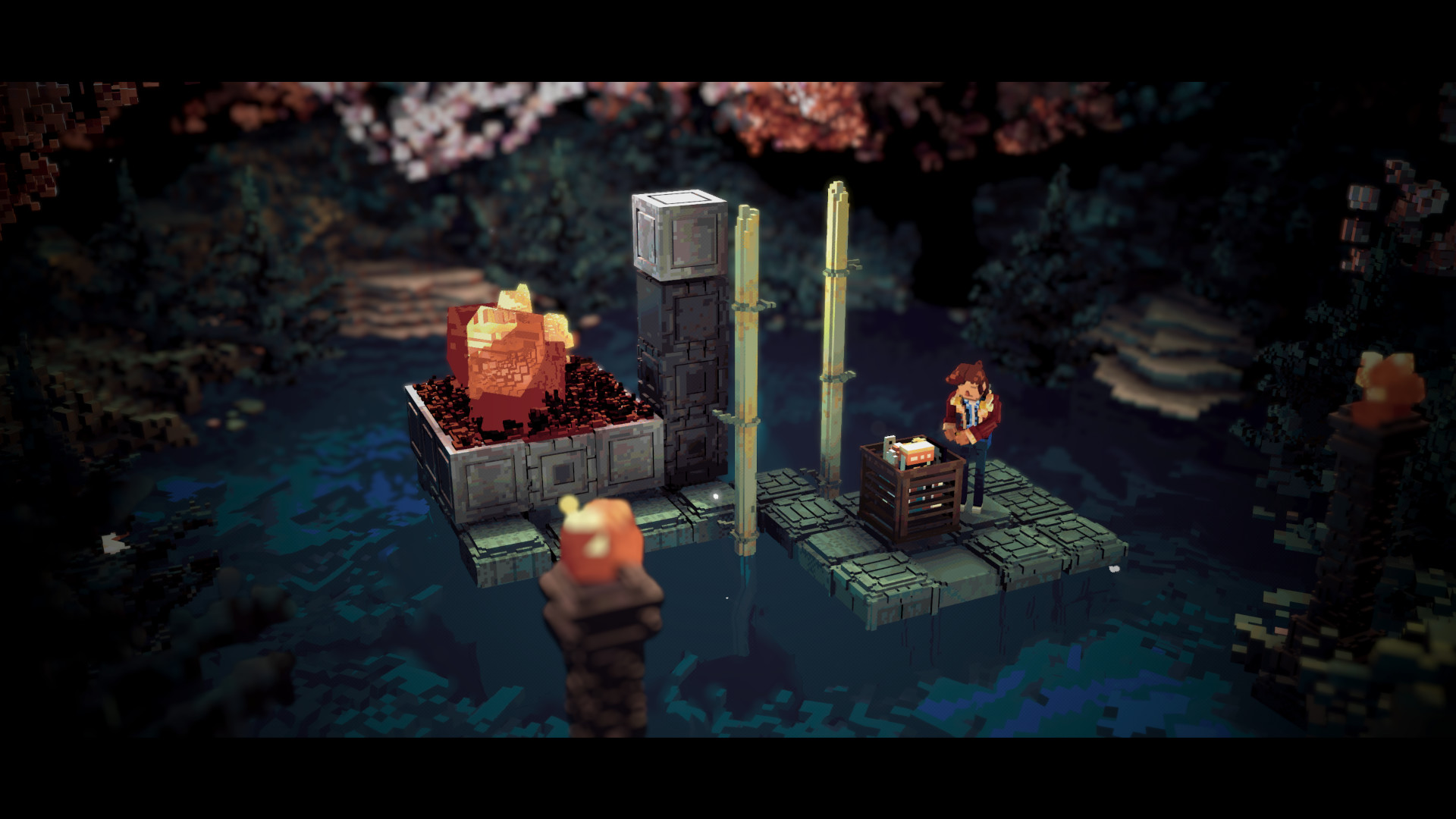 A voxel man chills out by a lake