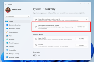 Windows 11 settings with "Fix problems using Windows update" selected.