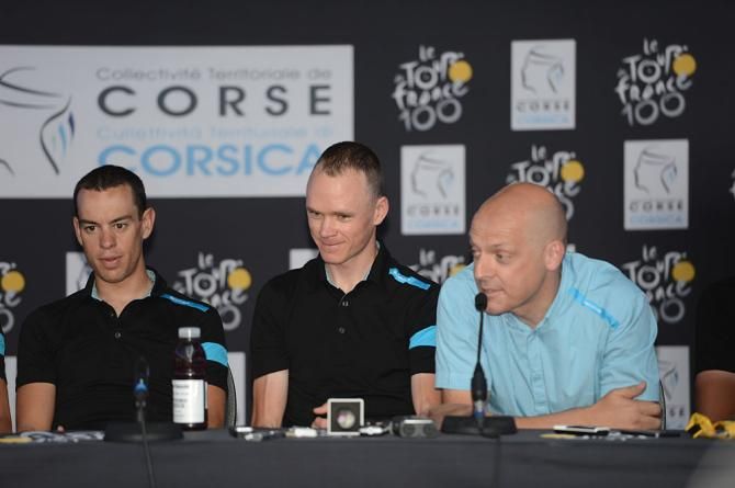 Richie Porte, Dave Brailsford and Chris Froome at the Sky pre-Tour presscon