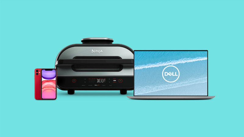 iPhone, Ninja Air Fryer and Dell laptop on a blue background