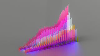 A CGI render of a glowing purple, blue, orange, and yellow graph set against a grey background.