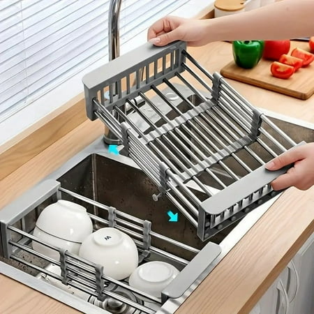 Adjustable Over-The-Sink Dish Drying Rack With Stainless Steel Drain Basket - Portable &amp;amp; Telescopic Space-Saving Solution for Fruit Vegetable