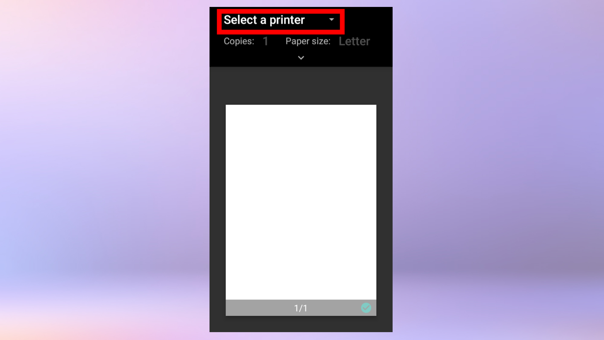 Снимок экрана меню печати на Google Диске с правильным принтером, выбранным из раскрывающегося меню