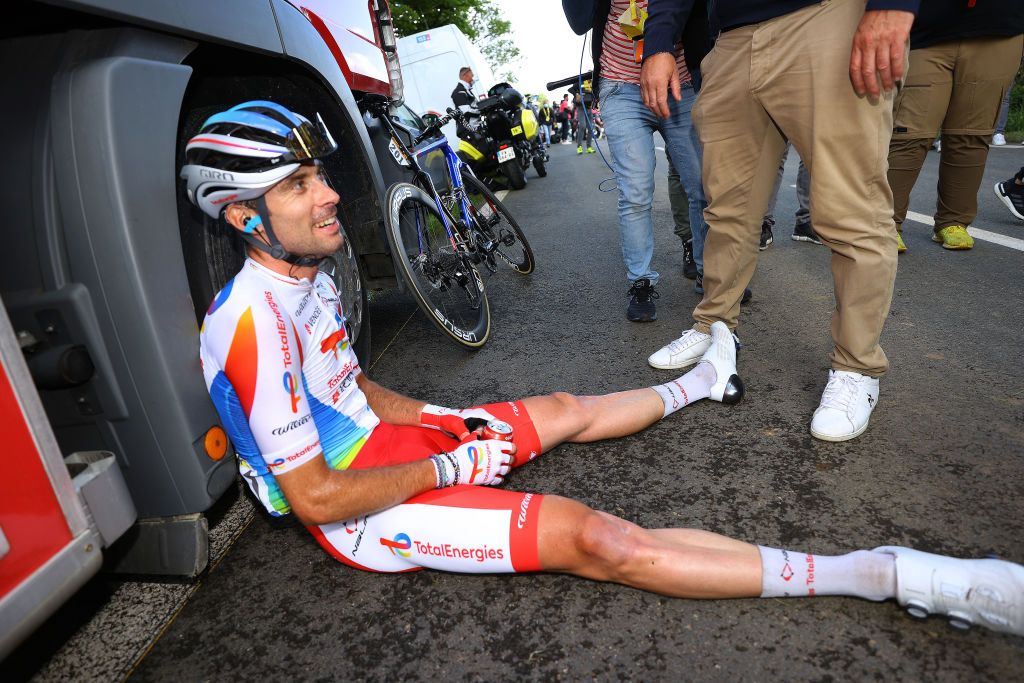 MRDEBRETAGNE GUERLDAN FRANCE JUNE 27 Pierre Latour of France and Team TotalEnergies at arrival during the 108th Tour de France 2021 Stage 2 a 1835km stage from PerrosGuirec to MrdeBretagne Guerldan 293m LeTour TDF2021 on June 27 2021 in MrdeBretagne Guerldan France Photo by Tim de WaeleGetty Images