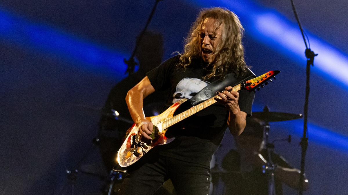Kirk Hammett of Metallica performs onstage during a concert at Principality Stadium on June 28, 2026 in Cardiff, Wales.