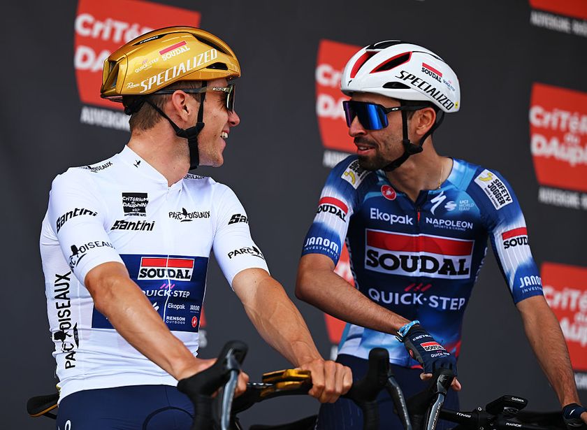 PREMILHAT, FRANCE - JUNE 09: Remco Evenepoel of Belgium - White best young jersey and Valentin Paret-Peintre of France and Team Soudal Quick-Step prior to the 77th Criterium du Dauphine 2025, Stage 2 a 204.6km stage from Premilhat to Issoire / #UCIWT / on June 09, 2025 in Premilhat, France. (Photo by Dario Belingheri/Getty Images)