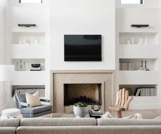 White living room, shelves