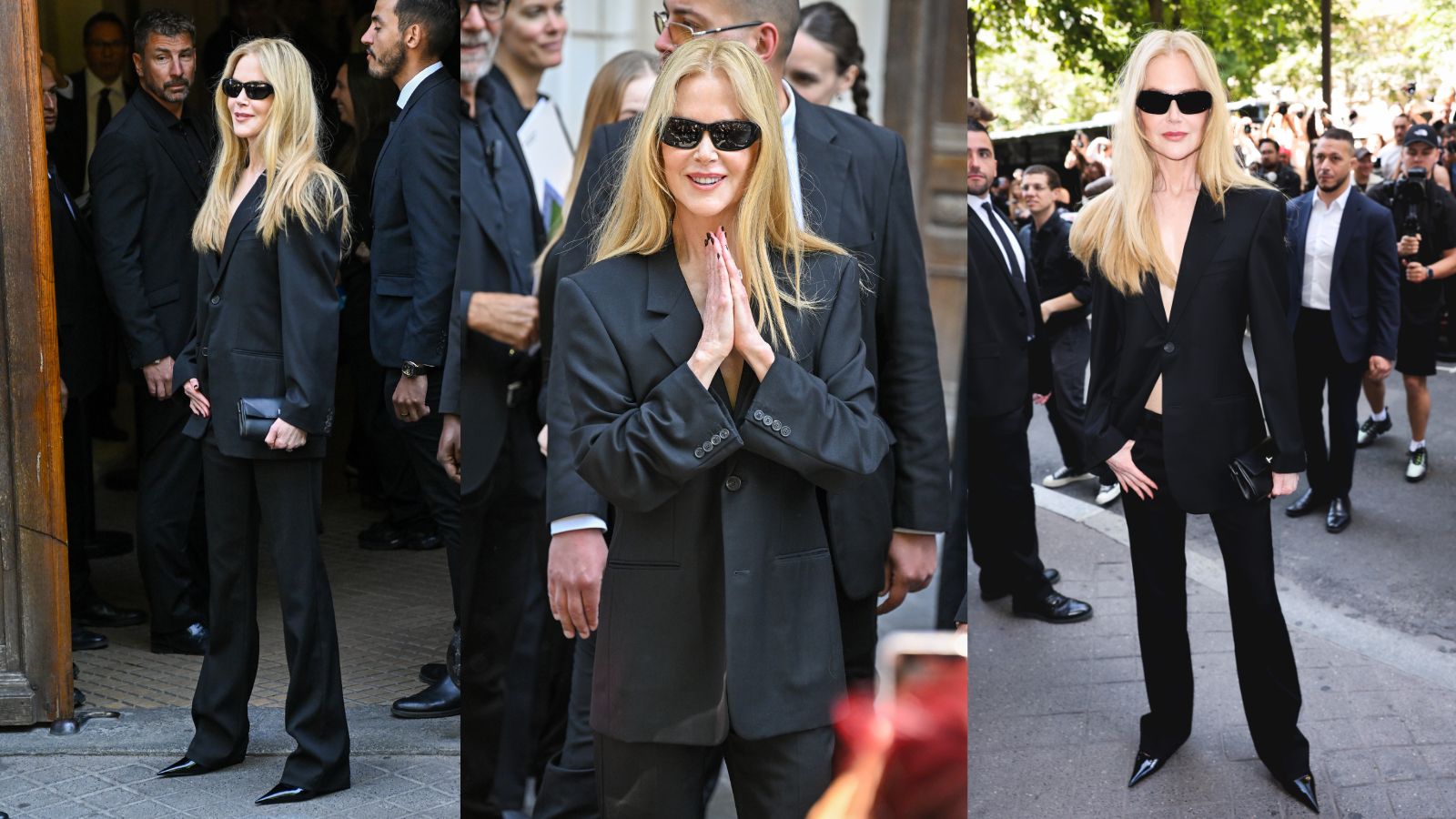 Three images of Nicole Kidman in a black pantsuit