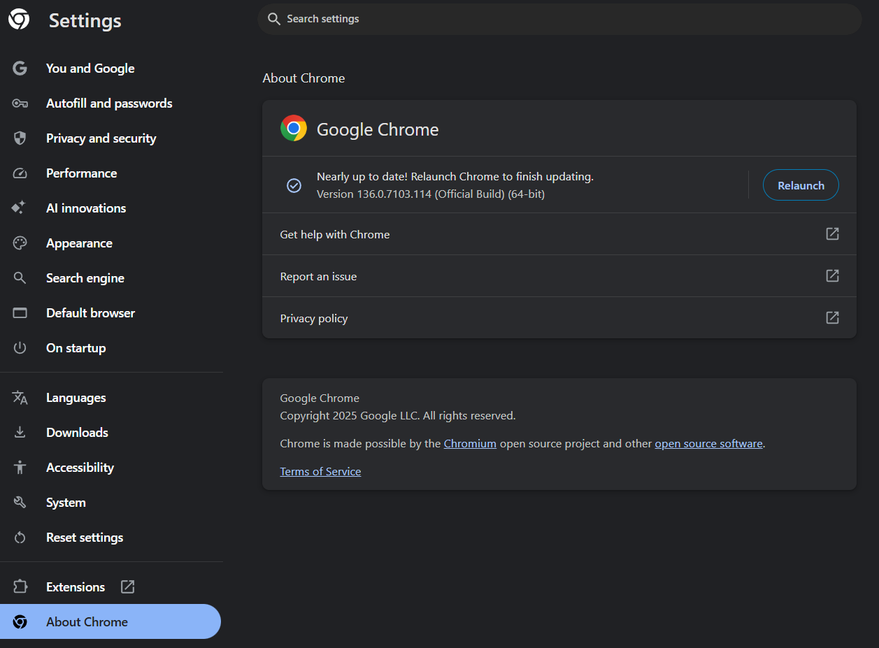 The window where Google Chrome is updated from
