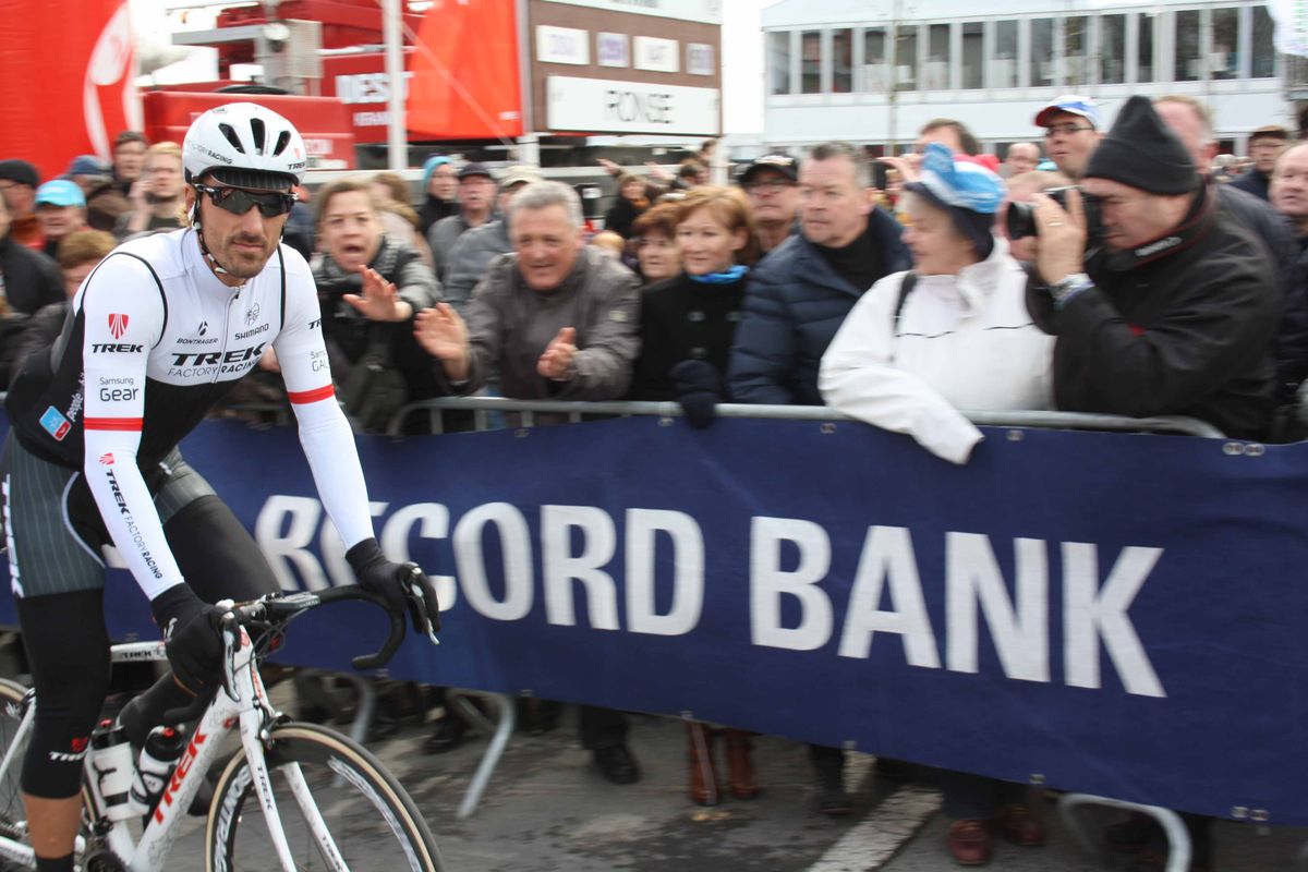 Fabian Cancellara rides to the start at E3 Harelbeke.