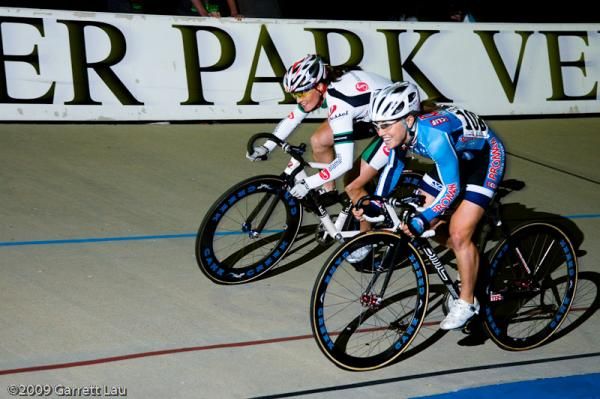Laura McCaughey sprints past Shelley Olds in the Women's Points Race.