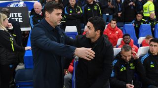 LONDON, ENGLAND - OCTOBER 21: Mauricio Pochettino, Manager of Chelsea, embraces Mikel Arteta, Manager of Arsenal prior to the the Premier League match between Chelsea FC and Arsenal FC at Stamford Bridge on October 21, 2023 in London, England. (Photo by Stuart MacFarlane/Arsenal FC via Getty Images)