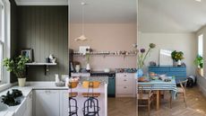 green kitchen, light pink kitchen, white dining space with blue chest of drawers