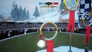 Harry Potter: Quidditch Champions gameplay still showing a team member shooting a quaffle through a goalpost hoop.