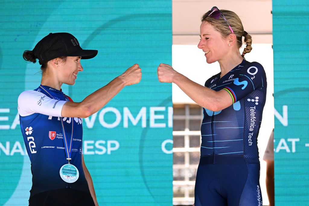 ALDENO ITALY JULY 08 LR Marta Cavalli of Italy and Team FDJ Nouvelle Aquitaine Futuroscope on second place and stage winner Annemiek Van Vleuten of Netherlands and Movistar Team congratulates each other on the podium ceremony after the 33rd Giro dItalia Donne 2022 Stage 8 a 1047km stage from Rovereto to Aldeno GiroDonne UCIWWT on July 08 2022 in Aldeno Italy Photo by Dario BelingheriGetty Images