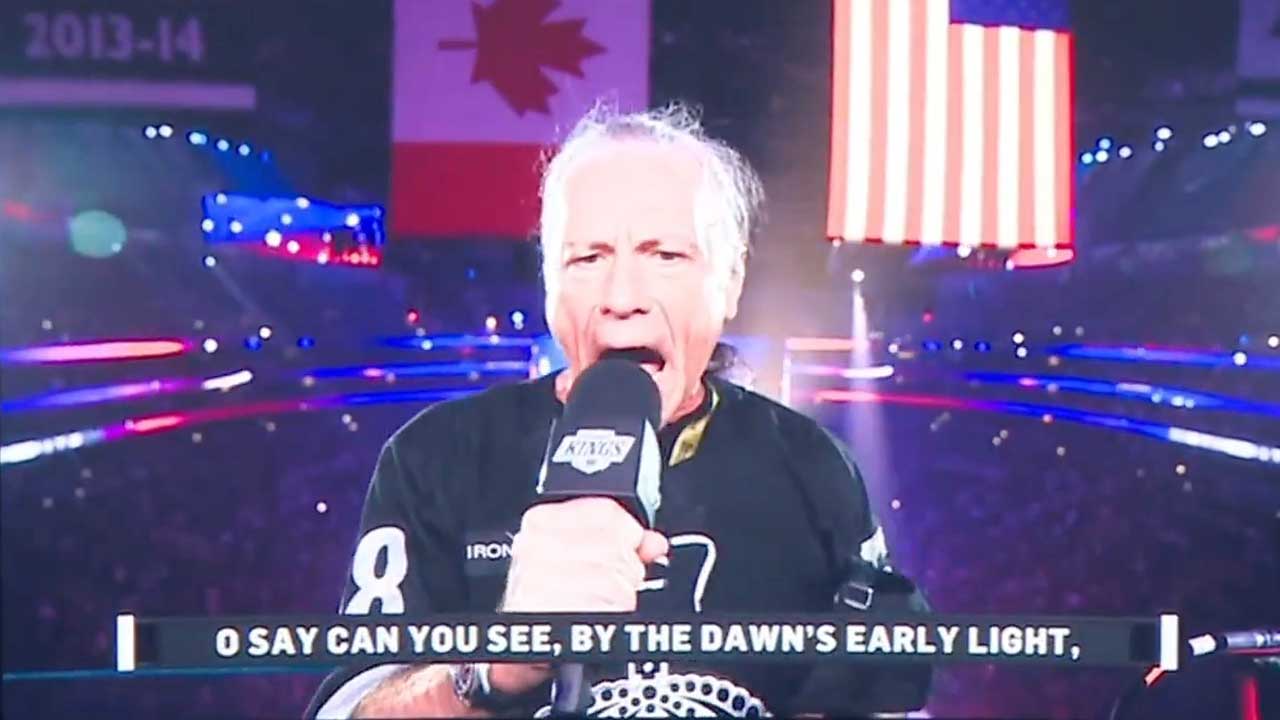 Bruce Dickinson singing at the Crypto.com Arena in Los Angeles