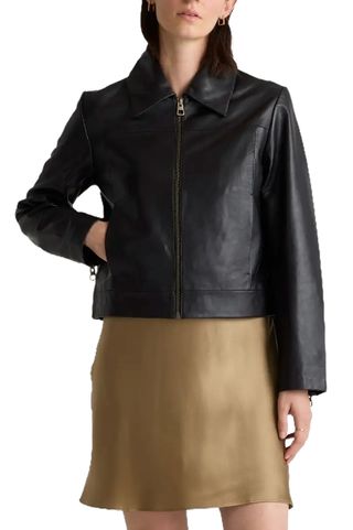 100% Leather Cropped Zip-Front Jacket