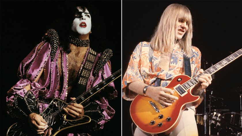 LEFT: Paul Stanley performs with Kiss, circa 1978. RIGHT: Alex Lifeson performs with Rush UNITED STATES - DECEMBER 01: USA Photo of Alex LIFESON and RUSH, Alex Lifeson performing live onstage, 1976