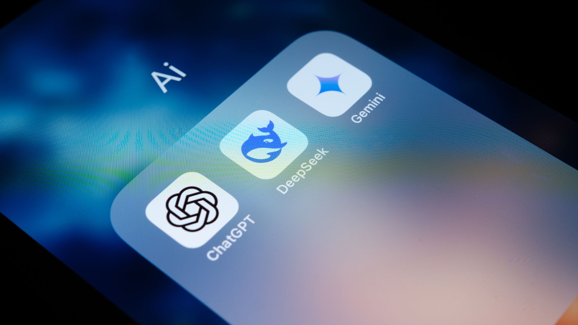 AI applications pictured on a smartphone screen, with logos for DeepSeek, ChatGPT, and Google Gemini included. 