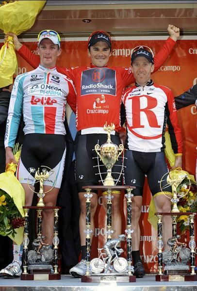 Ruta del Sol final podium (l-r): Jurgen Van Den Broeck, 2nd; Markel Irizar, 1st; Levi Leipheimer, 3rd.