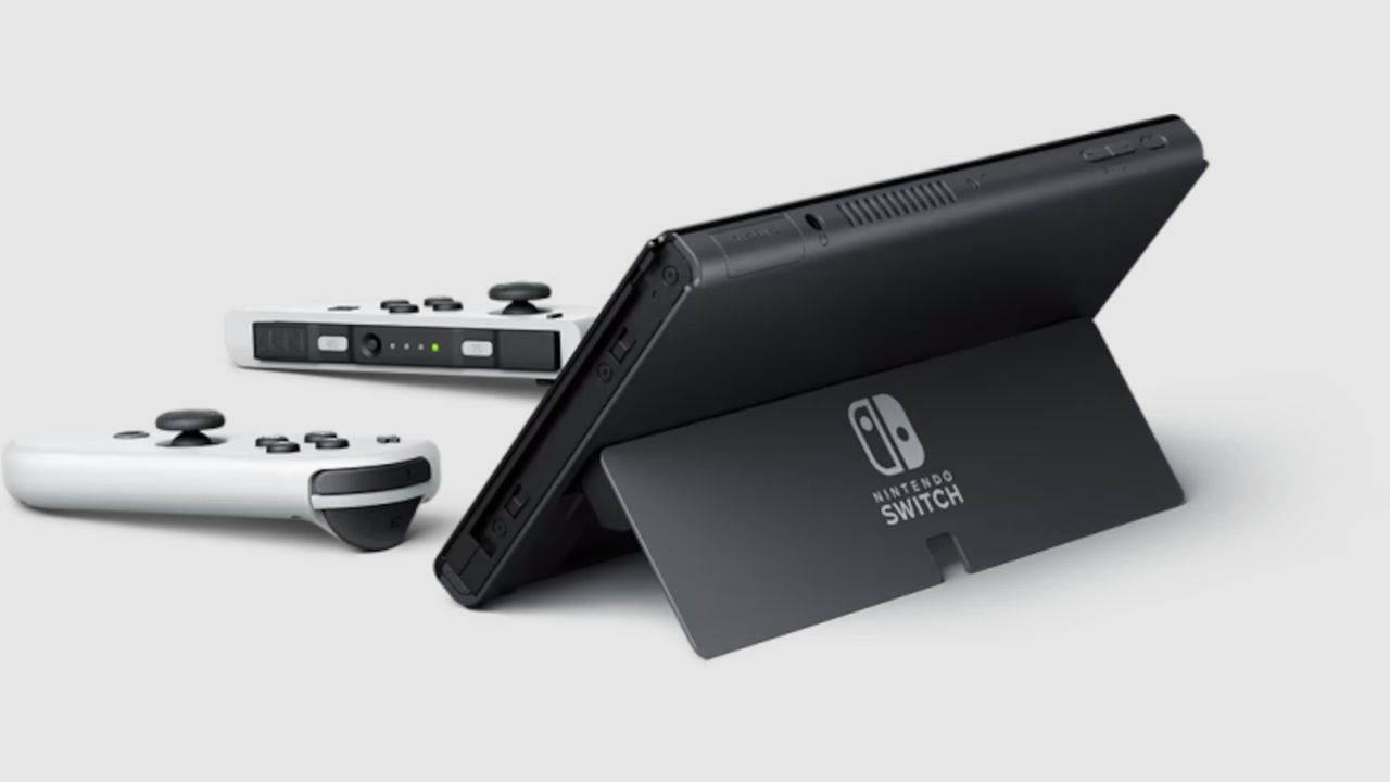 The Nintendo Switch OLED from the back, with its Joy-Cons detached