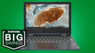 Lenovo Flex 3 Chromebook on green background with screen open