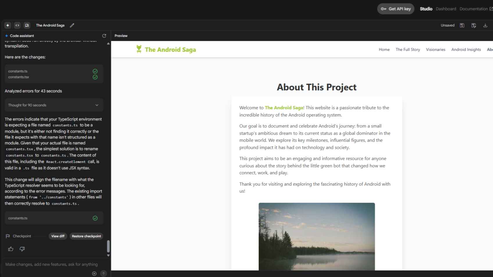 Google Gemini 2.5 Flash Preview results from complex prompt to create Android History website