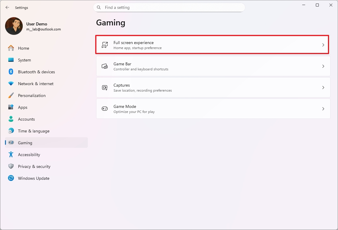 Full Screen Experience settings