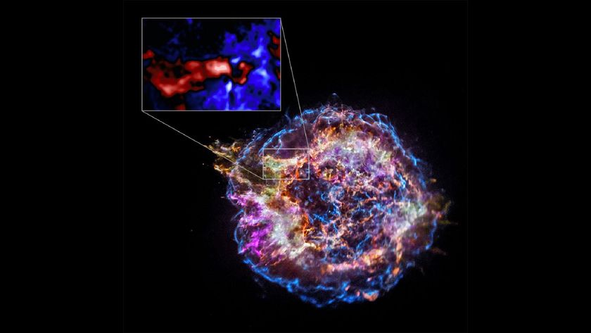 An image of the Cassiopeia A supernova with an inset showing a zoomed in portion