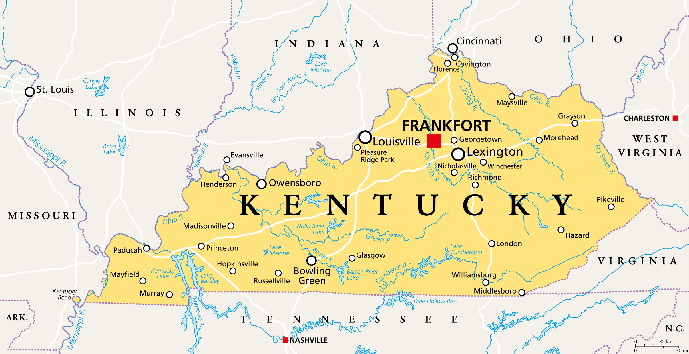 Kentucky, KY, political map with capital Frankfort and largest cities. Commonwealth of Kentucky. State in the Southeastern region of the United States of America. Bluegrass State. Illustration. Vector