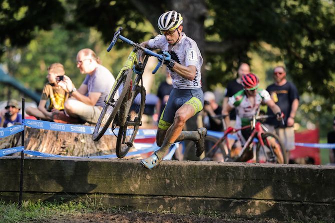 Kerry Werner (Kona Maxxis Shimano) leaps the barriers on day two of the 2018 Charm City Cross