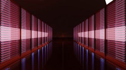 Creative image of data centres in the dark with red lights