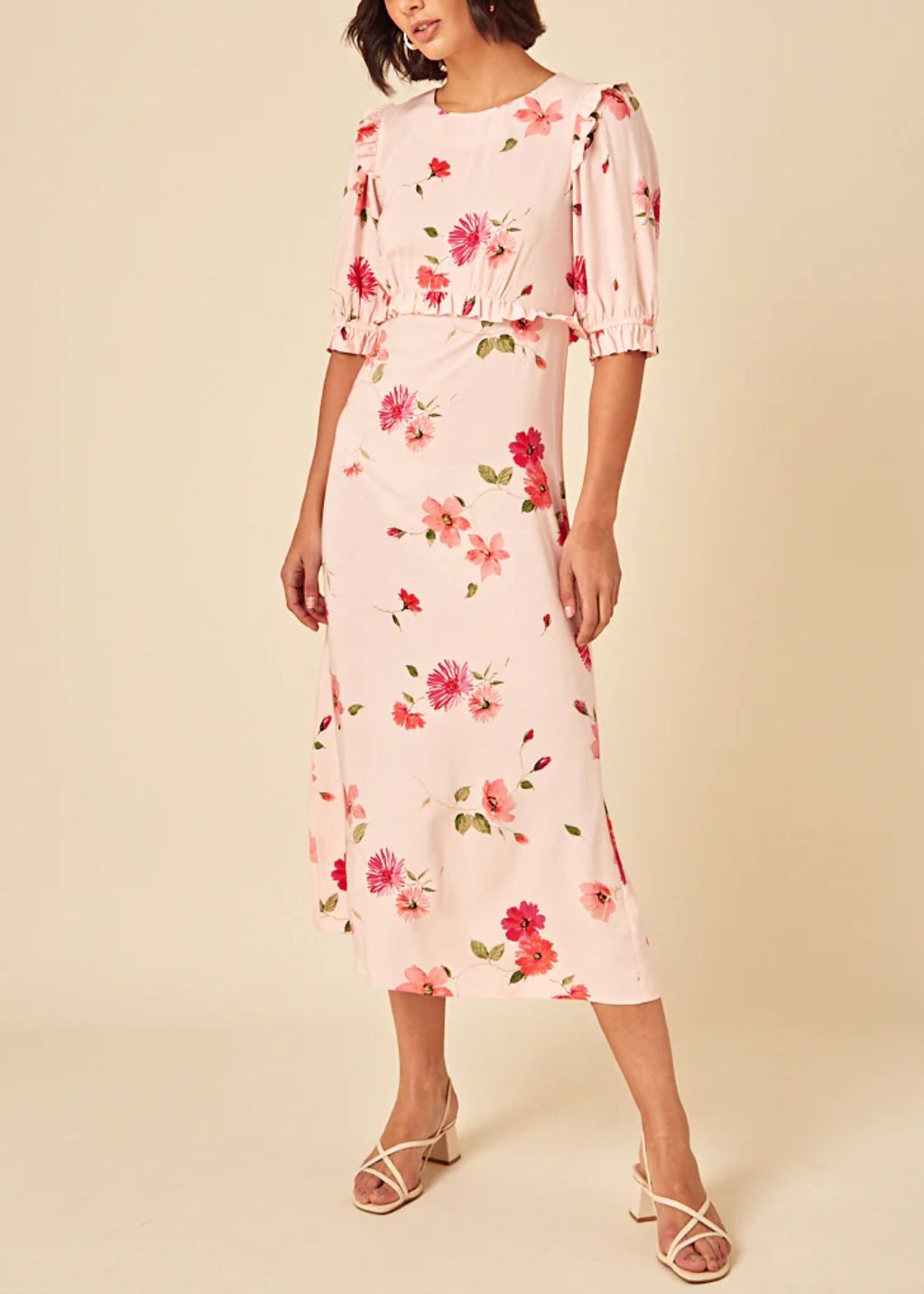 floral print midi dress on model 
