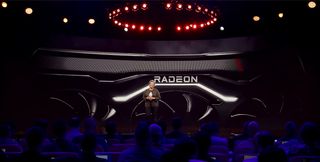 AMD Radeon RX 7000 presenteras uppe på en mörk scen.