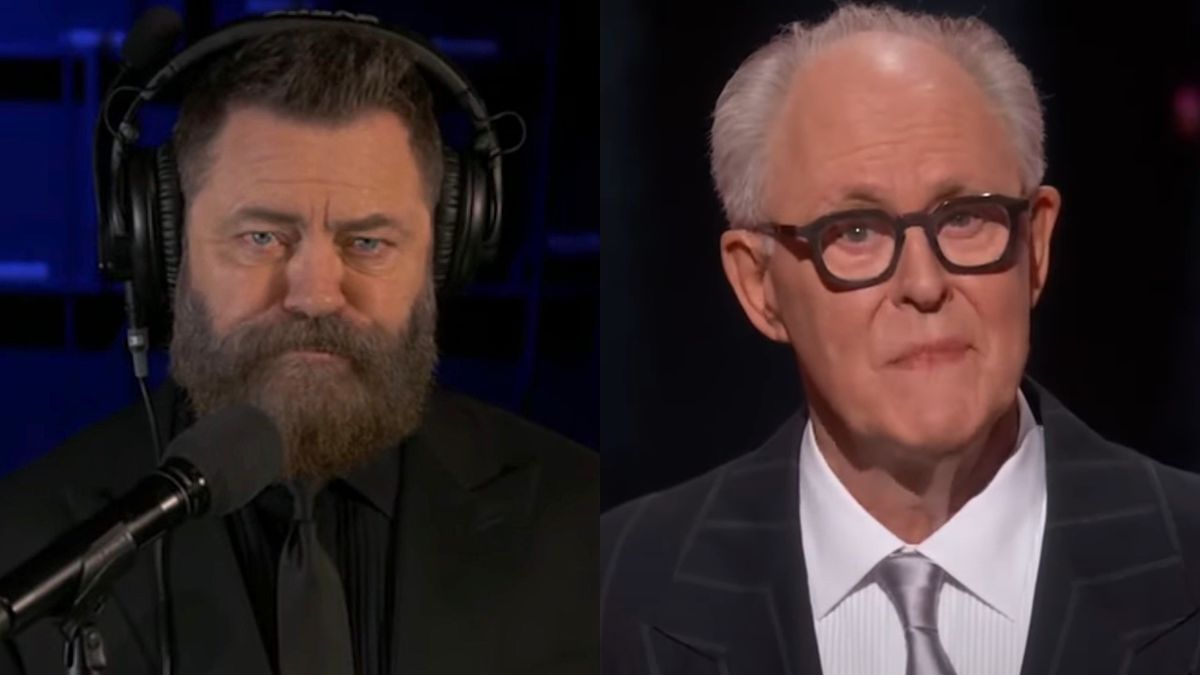 A frustrated Nick Offerman pictured next to John Lithgow at the 97th Academy Awards.