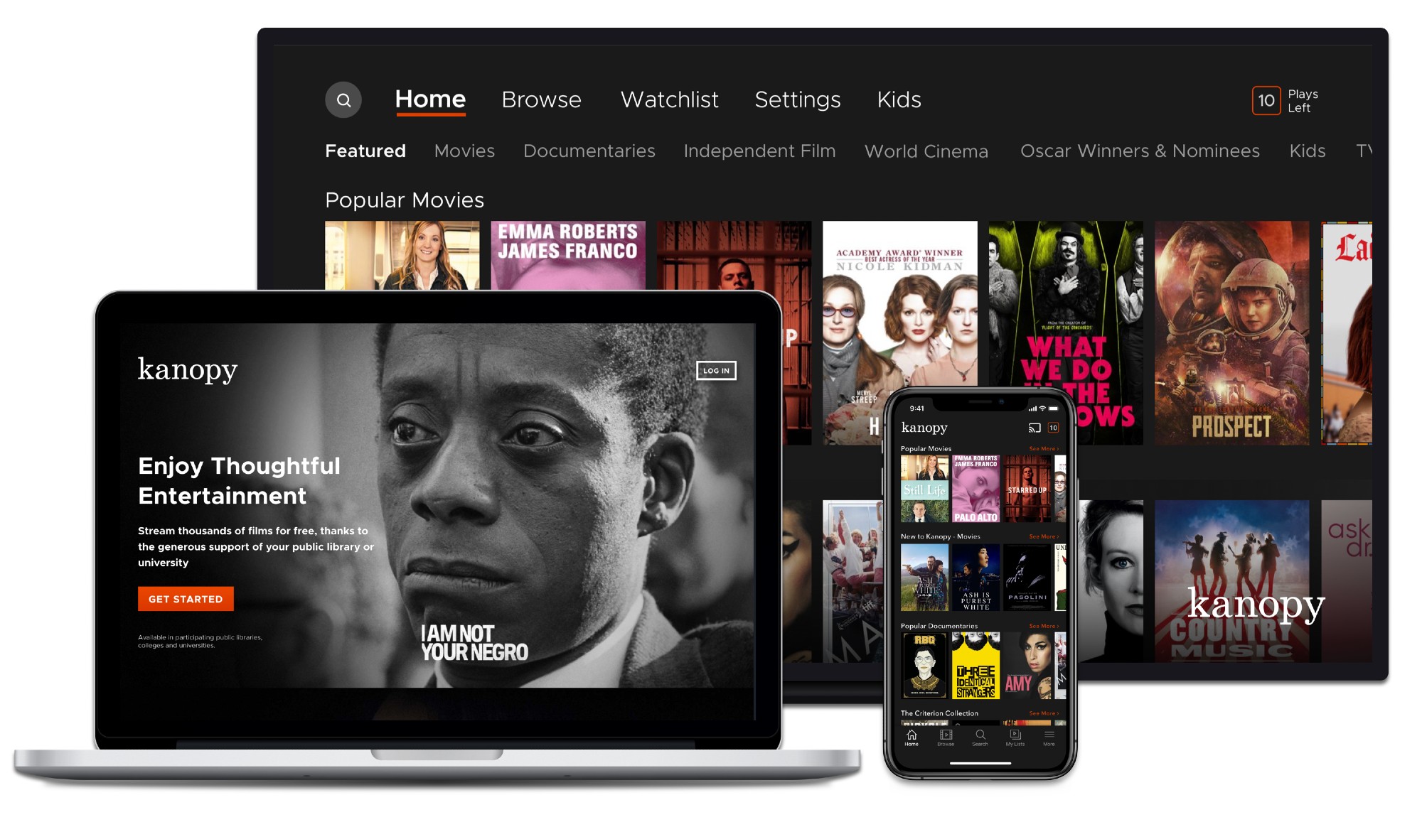 A web page, laptop, and phone opened up to the Kanopy app.
