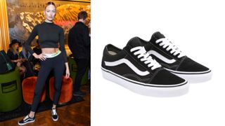 composite of woman wearing Vans with leggings and some classic old skool vans in black as a cut out