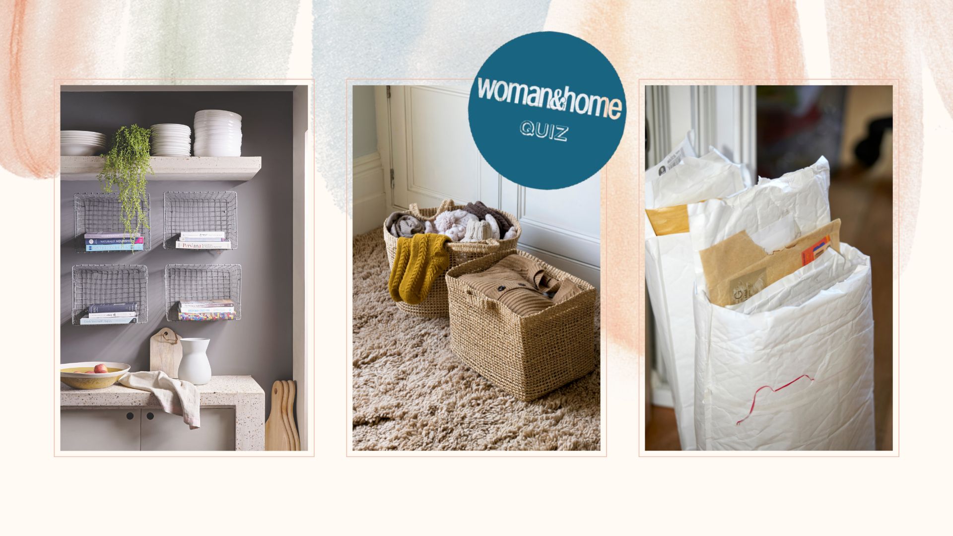 collage of kitchen shelves, woven baskets with jumpers in and padded envelopes filled with paper filing to show decluttering methods