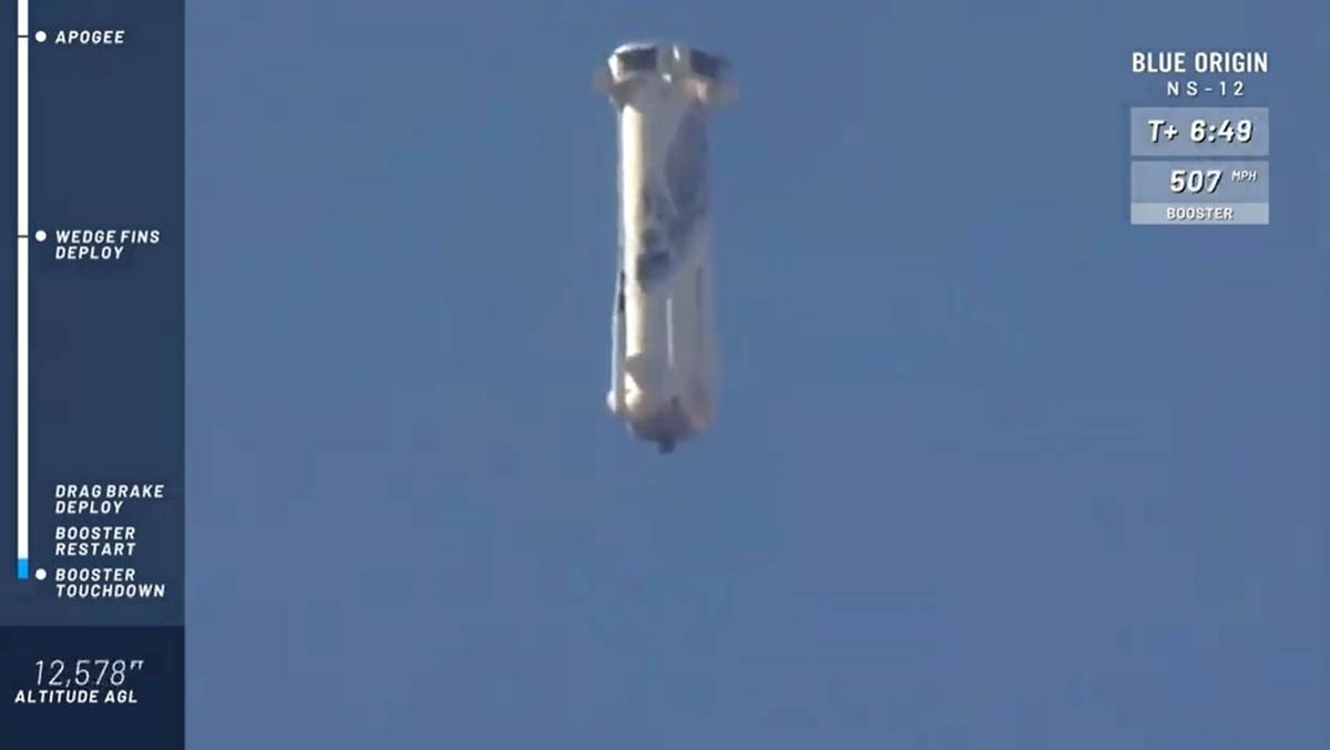 A Blue Origin New Shepard rocket launches the Reusable Space Ship H.G. Wells on its record 6th flight to suborbital space from the company's West Texas launch site on Dec. 11, 2019.