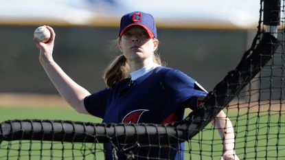 Justine Siegal pitches batting practice for the Cleveland Indians in 2011.