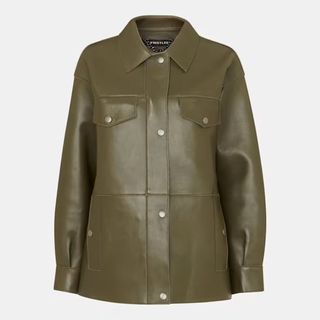 A cutout of a khaki leather jacket from Whistles against a light grey background