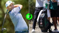 Branden Grace hits a driver, with a close up of his golf bag