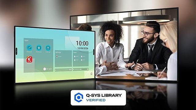 Two people using the Q-SYS plug-in on a large display. 