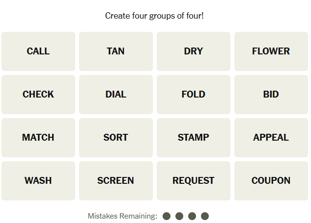 Unsolved NYT Connections word grid for April 28, 2026