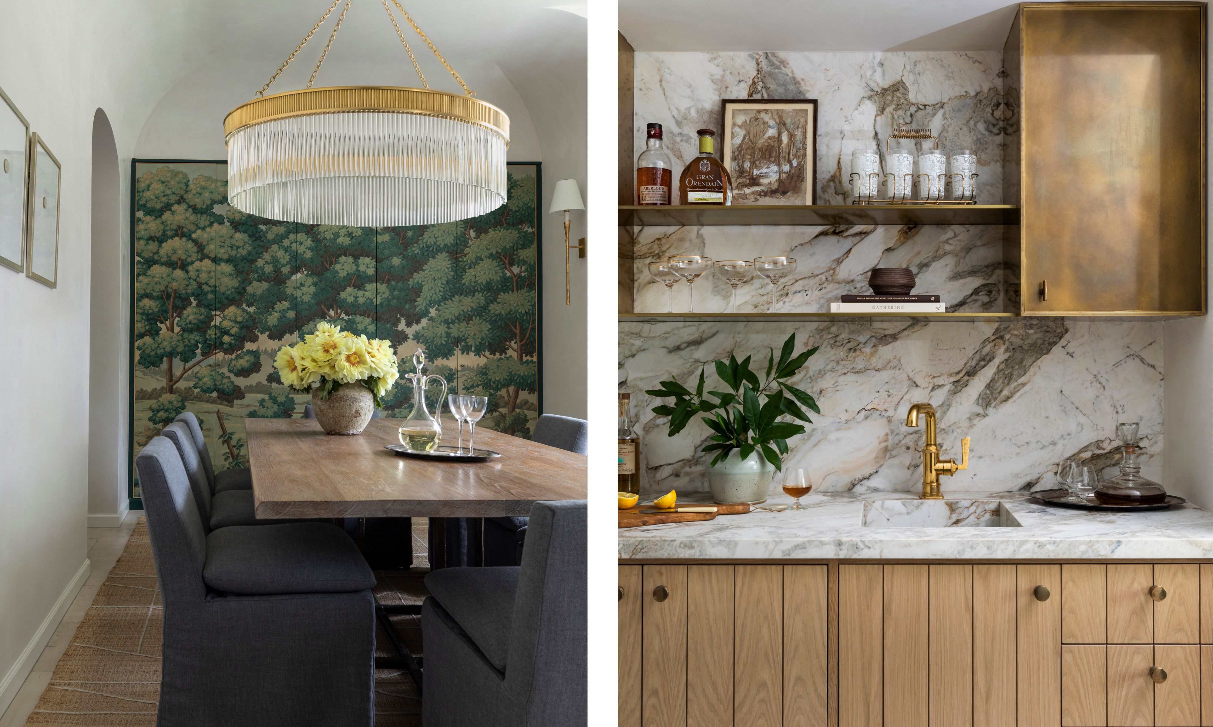 Split image: Dining room with a wood table, charcoal slipcovered chairs, and a scenic forest mural (left), home bar with marble backsplash, open shelving, gold accents, and warm wood cabinetry (right)