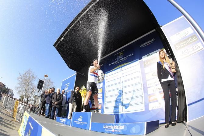 Celebration time on the podium for stage 6 winner Mark Cavendish (Omega Pharma-QuickStep)