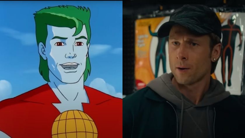 Side by side of Captain Planet in Captain Planet and the Planeteers and a nervous Glen Powell in Chad Powers.