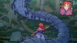 An illustration of a huge serpent and a young female character