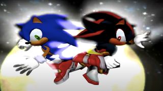 Sonic and Shadow crossing paths in front of the Moon in Sonic Adventure 2.